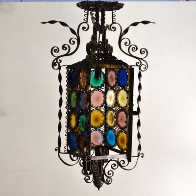 19th-Century Venetian Wrought Iron Lantern with Multicolored Stained Glass Disks