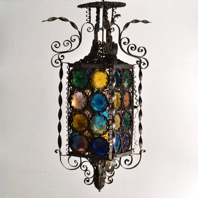 19th-Century Venetian Wrought Iron Lantern with Multicolored Stained Glass Disks