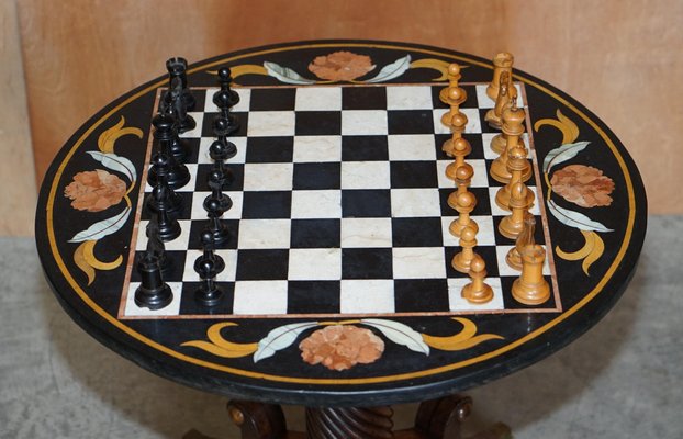 Italian Regency Marble & Hardwood Base Chess Table with Chess Set